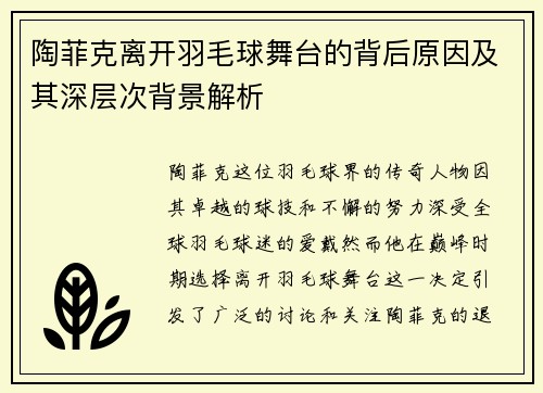 陶菲克离开羽毛球舞台的背后原因及其深层次背景解析