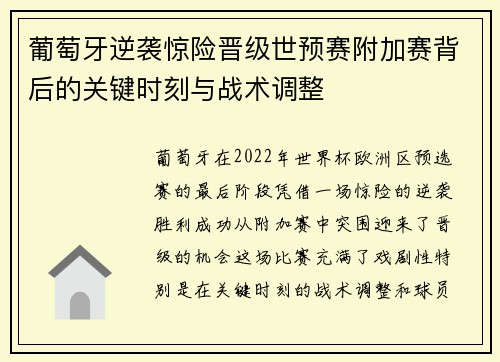 葡萄牙逆袭惊险晋级世预赛附加赛背后的关键时刻与战术调整